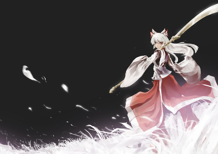 alternate_costume black_sky fujiwara_no_mokou glowing grass highres hime_cut long_hair looking_back red_eyes rosicrucuans solo sword touhou weapon white_hair