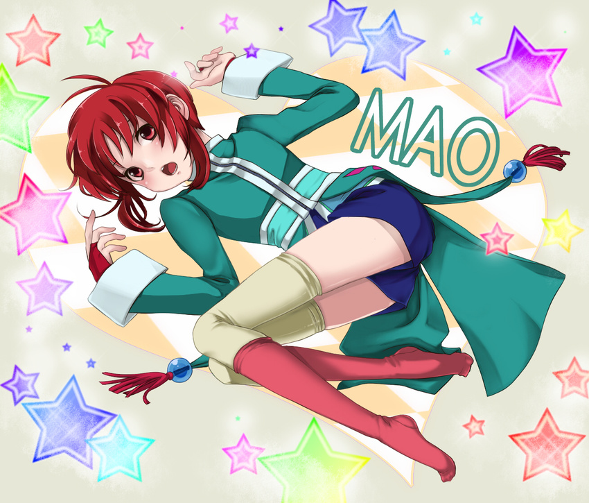 androgynous character_name feet imoko65 kneehighs lying male_focus mao_(tales) on_side open_mouth otoko_no_ko red_hair shorts socks solo star starry_background tales_of_(series) tales_of_rebirth thighhighs