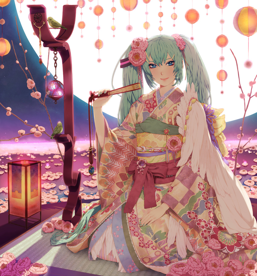 aqua_hair aqua_nails bird blue_eyes fan hatsune_miku highres japanese_clothes kimono long_hair moon nail_polish nayu night sitting smile solo twintails very_long_hair vocaloid water