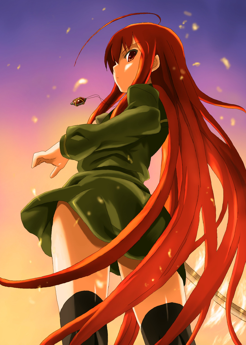 absurdres ahoge alastor_(shakugan_no_shana) bad_id bad_pixiv_id fire from_behind highres jewelry kejirami pendant red_eyes red_hair school_uniform shakugan_no_shana shana thighhighs zettai_ryouiki