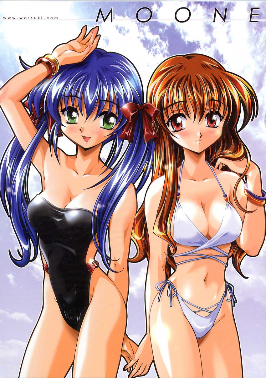 bikini blue_hair breasts brown_hair cleavage green_eyes highleg highleg_swimsuit highres large_breasts long_hair multiple_girls nagamori_mizuka nanase_rumi one red_eyes ribbon swimsuit twintails watsuki_ayamo