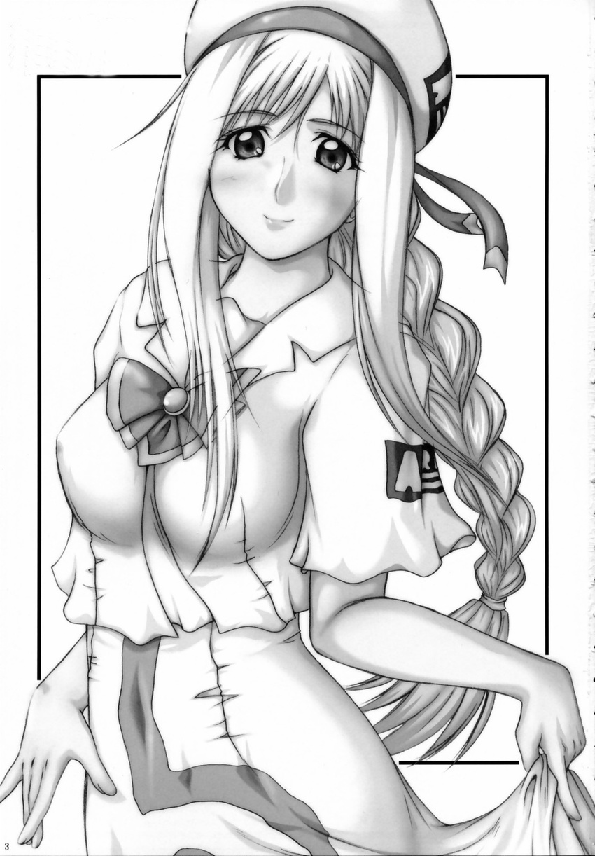 alicia_florence aria beret braid doujinshi greyscale hat highres long_hair looking_at_viewer monochrome scan sidelocks single_braid solo very_long_hair yts_takana