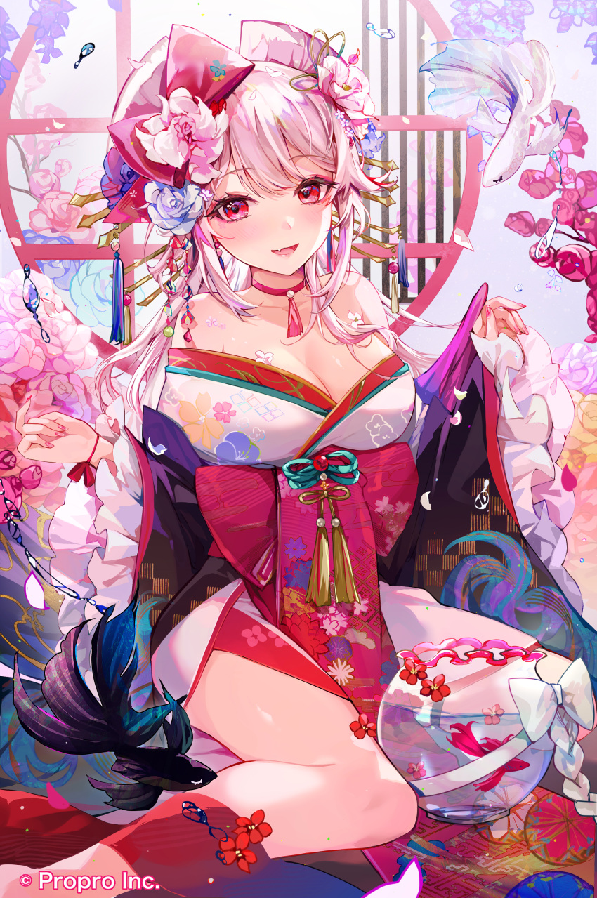 1girl absurdres breasts choker cleavage company_name copyright fang fish fishbowl floral_print flower flying_fish hair_ornament hands_up highres hutuu_(1121) japanese_clothes kanzashi kimono large_breasts long_hair looking_at_viewer official_art open_mouth pink_eyes pink_hair print_kimono propro_production sakura_isumi sitting skin_fang solo wariza