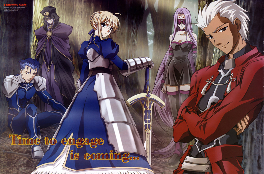 3girls archer armor armored_dress artoria_pendragon_(all) blonde_hair caster dark_skin dark_skinned_male dress duplicate fate/stay_night fate_(series) lancer long_sleeves multiple_boys multiple_girls rider saber scan yanagisawa_tetsuya