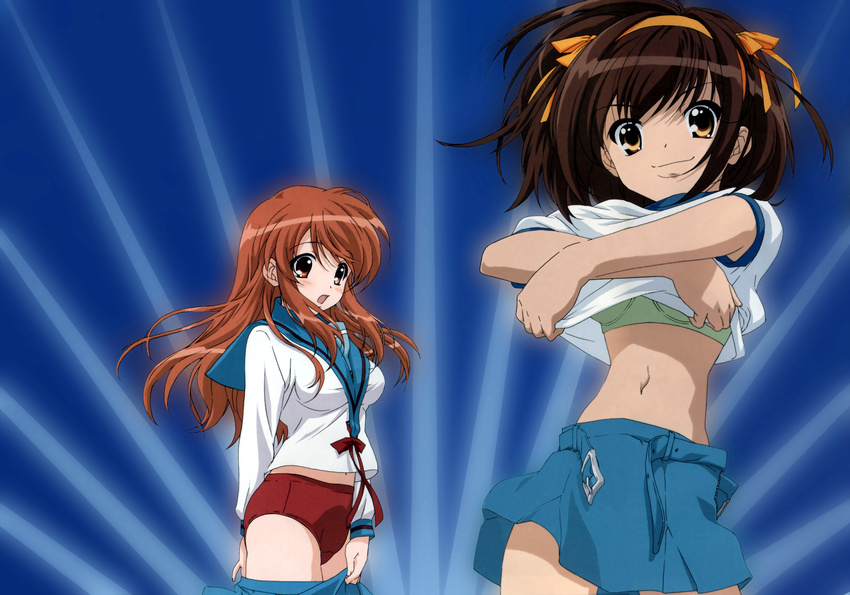 absurdres asahina_mikuru blue_sailor_collar bra brown_hair buruma gym_uniform highres ikeda_shouko kita_high_school_uniform lingerie long_sleeves multiple_girls sailor_collar school_uniform serafuku shirt_lift short_hair suzumiya_haruhi suzumiya_haruhi_no_yuuutsu underwear undressing