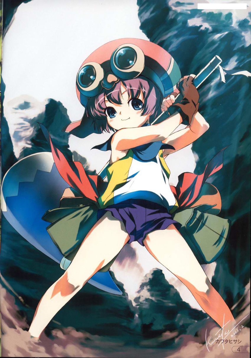 2005 blue_eyes blue_shorts brown_gloves dated elf gloves goggles hammer hat highres holding holding_hammer huge_weapon kawata_hisashi leaf_(studio) page_number pointy_ears purple_hair rathty short_hair short_shorts shorts sleeves_rolled_up smile solo tears_to_tiara two-handed weapon