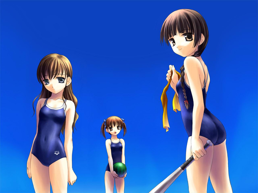 arena_(company) ass baseball_bat blindfold competition_school_swimsuit competition_swimsuit food fruit fukuzawa_yumi jpeg_artifacts maria-sama_ga_miteru multiple_girls navel norizou_type-r one-piece_swimsuit shimazu_yoshino suikawari swimsuit toudou_shimako wallpaper watermelon