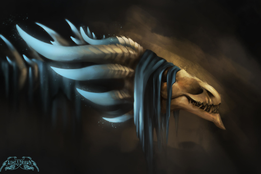 2018 ashesdrawn bone_dragon digital_media_(artwork) dragon fantasy feral hair hi_res horn solo teeth