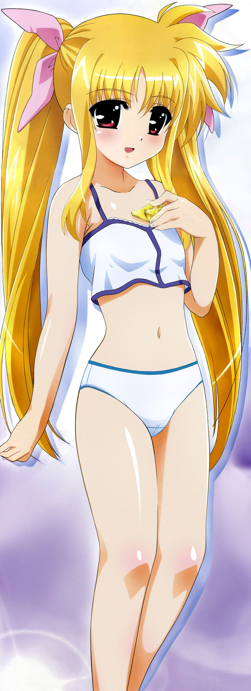 absurdres blonde_hair blue_bra blue_panties blush bra breasts camisole child fate_testarossa hair_ribbon highres lace lace-trimmed_bra lingerie long_hair lyrical_nanoha mahou_shoujo_lyrical_nanoha mahou_shoujo_lyrical_nanoha_a's megami official_art okuda_yasuhiro panties red_eyes ribbon scan small_breasts solo standing stomach third-party_edit twintails underwear underwear_only very_long_hair