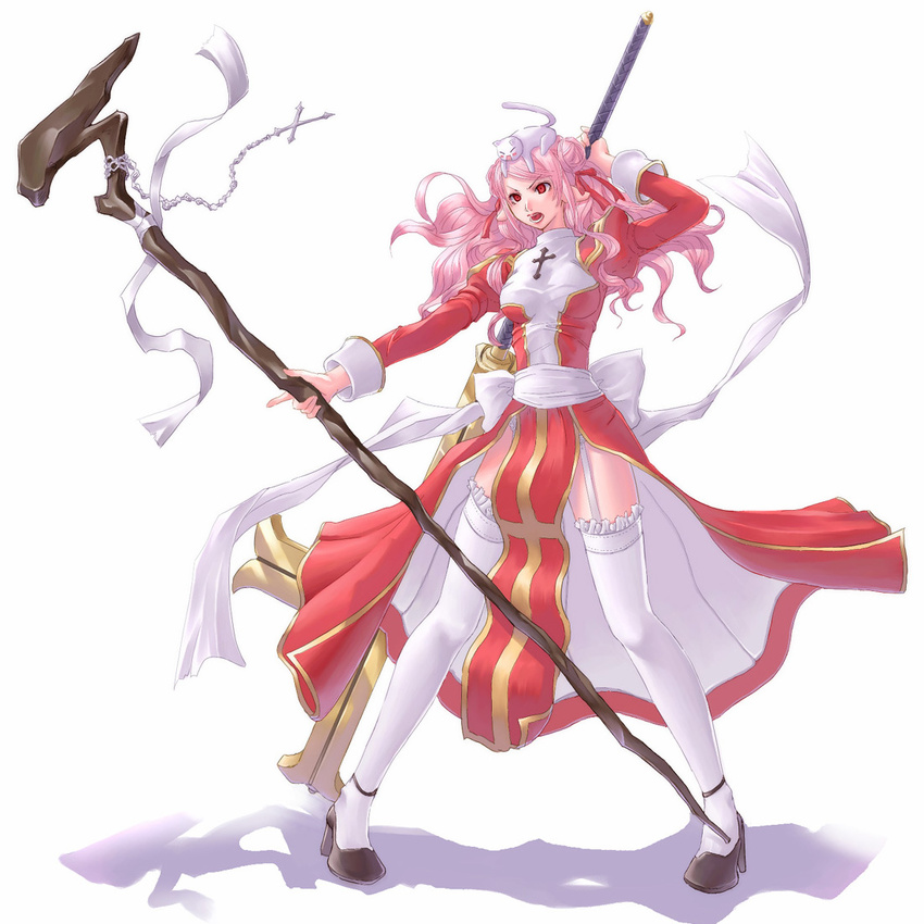 animal animal_on_head cat cat_on_head cross double_bun drooping_cat high_heels high_priest latin_cross long_sleeves mr.romance on_head pink_hair ragnarok_online shoes solo staff thighhighs