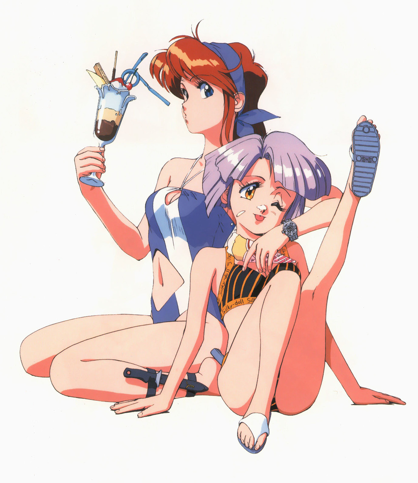 80s ;p android bikini blue_eyes breasts casual_one-piece_swimsuit catty cherry cleavage cleavage_cutout dessert drinking_straw feet flat_chest food fruit gall_force hairband halter_top halterneck highres hug hug_from_behind ice_cream kneeling knife leg_up legs long_hair long_legs medium_breasts messy multiple_girls navel oldschool one-piece_swimsuit one_eye_closed pocky purple_hair red_hair sandals sandy_newman sheath short_hair simple_background sitting sonoda_ken'ichi striped striped_bikini striped_swimsuit swimsuit tongue tongue_out watch wristwatch yellow_eyes