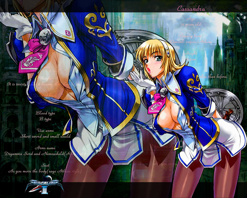 blonde_hair blue_eyes breasts cassandra_alexandra cleavage hairband large_breasts leaning_forward long_sleeves necktie no_bra open_clothes open_shirt pantyhose pink_neckwear satou_shouji shield shirt short_hair skirt solo soulcalibur soulcalibur_iii third-party_edit wallpaper zoom_layer