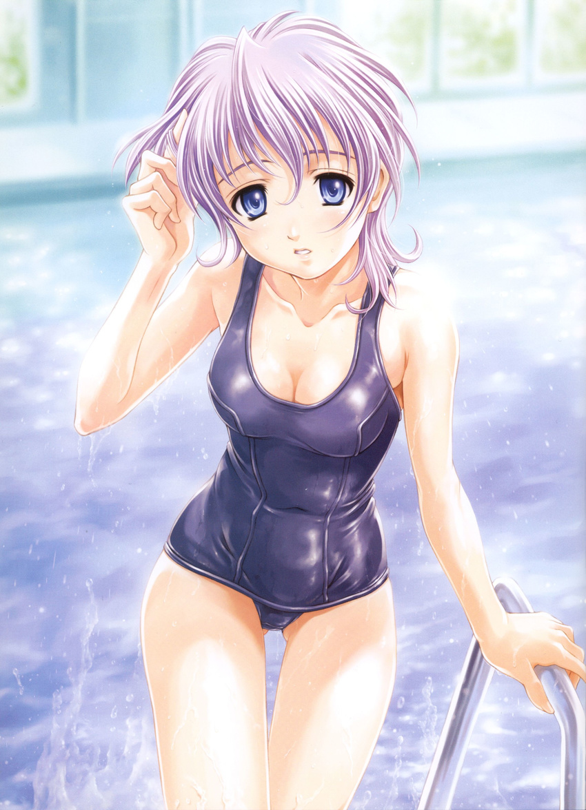 absurdres adjusting_hair blue_eyes breasts cleavage head_tilt highres indoors large_breasts leni_milchstrasse looking_at_viewer maruto! one-piece_swimsuit parted_lips pool pool_ladder poolside purple_hair purple_school_swimsuit sakura_taisen sakura_taisen_ii school_swimsuit shiny shiny_clothes short_hair solo swimsuit thigh_gap wet window