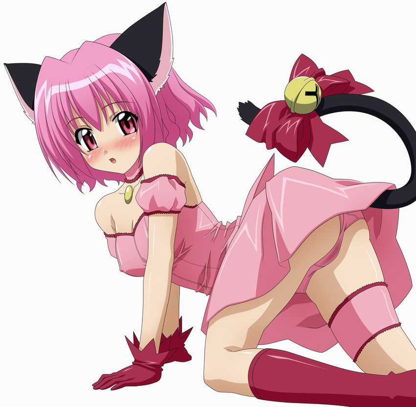 all_fours animal_ears arm_garter bell blush bow cat_ears cat_tail choker garters gloves highres jingle_bell leotard magical_girl mew_ichigo momomiya_ichigo panties pink_choker pink_eyes pink_hair pink_leotard pink_panties red_gloves short_hair solo sugimura_tomokazu tail tail_bell tail_bow tokyo_mew_mew underwear