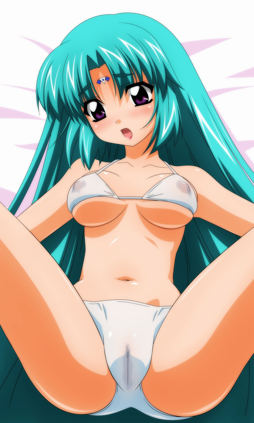 absurdres bed bikini blue_hair breasts cameltoe canal_vorfeed covered_nipples highres long_hair lost_universe medium_breasts purple_eyes solo spread_legs sugimura_tomokazu swimsuit very_long_hair