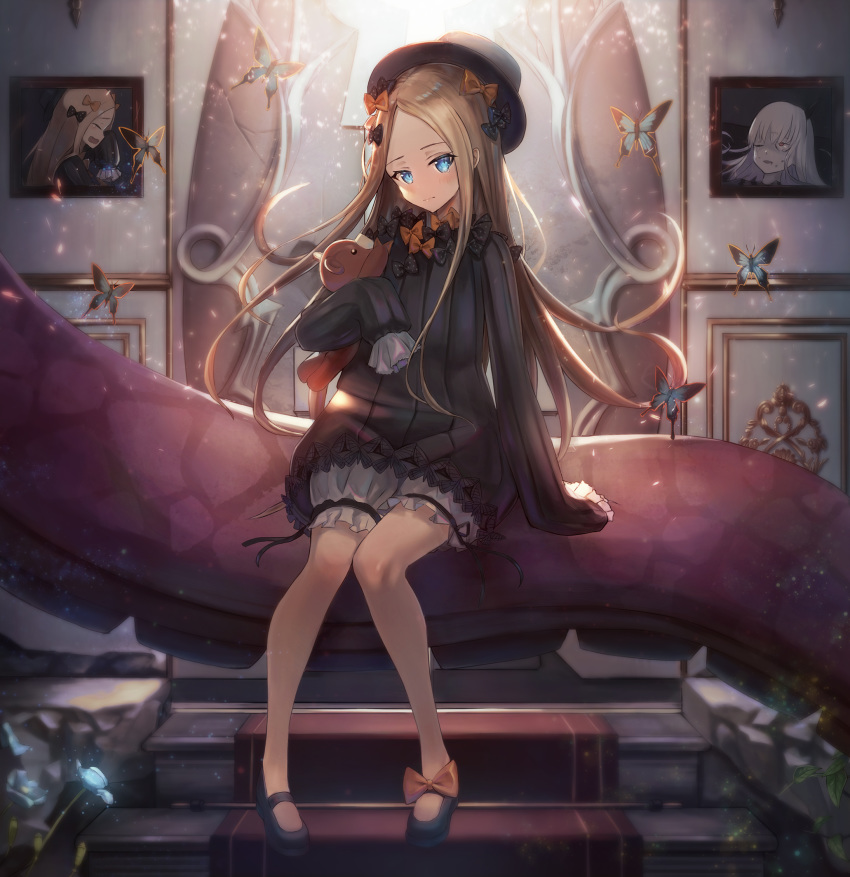 1girl abigail_williams_(fate/grand_order) bangs black_bow black_dress black_footwear black_hat blonde_hair blue_eyes bow bug butterfly dress fate/grand_order fate_(series) floating_hair hair_bow hat highres holding holding_stuffed_animal indoors insect lavinia_whateley_(fate/grand_order) long_hair mary_janes orange_bow parted_bangs sachi_(160332) shoes short_dress short_shorts shorts shorts_under_dress sitting sleeves_past_wrists solo stairs stuffed_animal stuffed_toy teddy_bear very_long_hair white_shorts