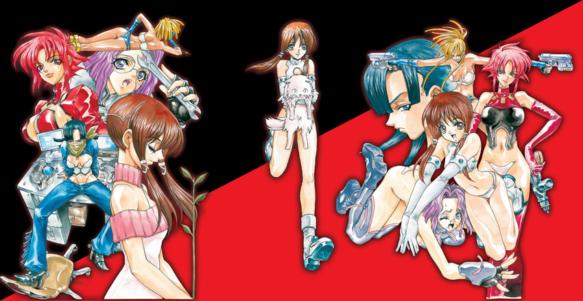 artist_request bandana blonde_hair blue_hair boots breast_press breasts brown_hair carrying cat cleavage computer crop_top desk elbow_gloves fingerless_gloves glasses gloria_(daphne_in_the_brilliant_blue) gloves gun hand_on_hip hayama_shizuka high_heels highres hikari_to_mizu_no_daphne honjou_rena long_hair medium_breasts midriff mizuki_maia monitor multiple_girls panties pants pink_hair purple_hair scan shoes short_hair small_breasts strapless strapless_bottom thighhighs thong tubetop turtleneck twintails underwear weapon wince wrench yuu_park