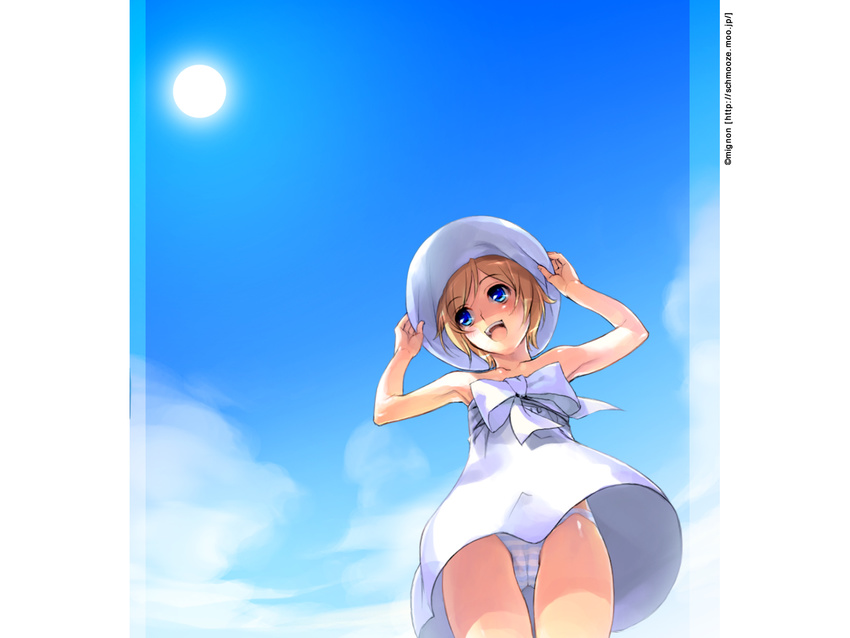 blue_panties bow cloud copyright_request day hat highres mignon panties pantyshot pantyshot_(standing) skirt sky solo standing strapless striped striped_panties sun_hat thigh_gap underwear wallpaper white_skirt