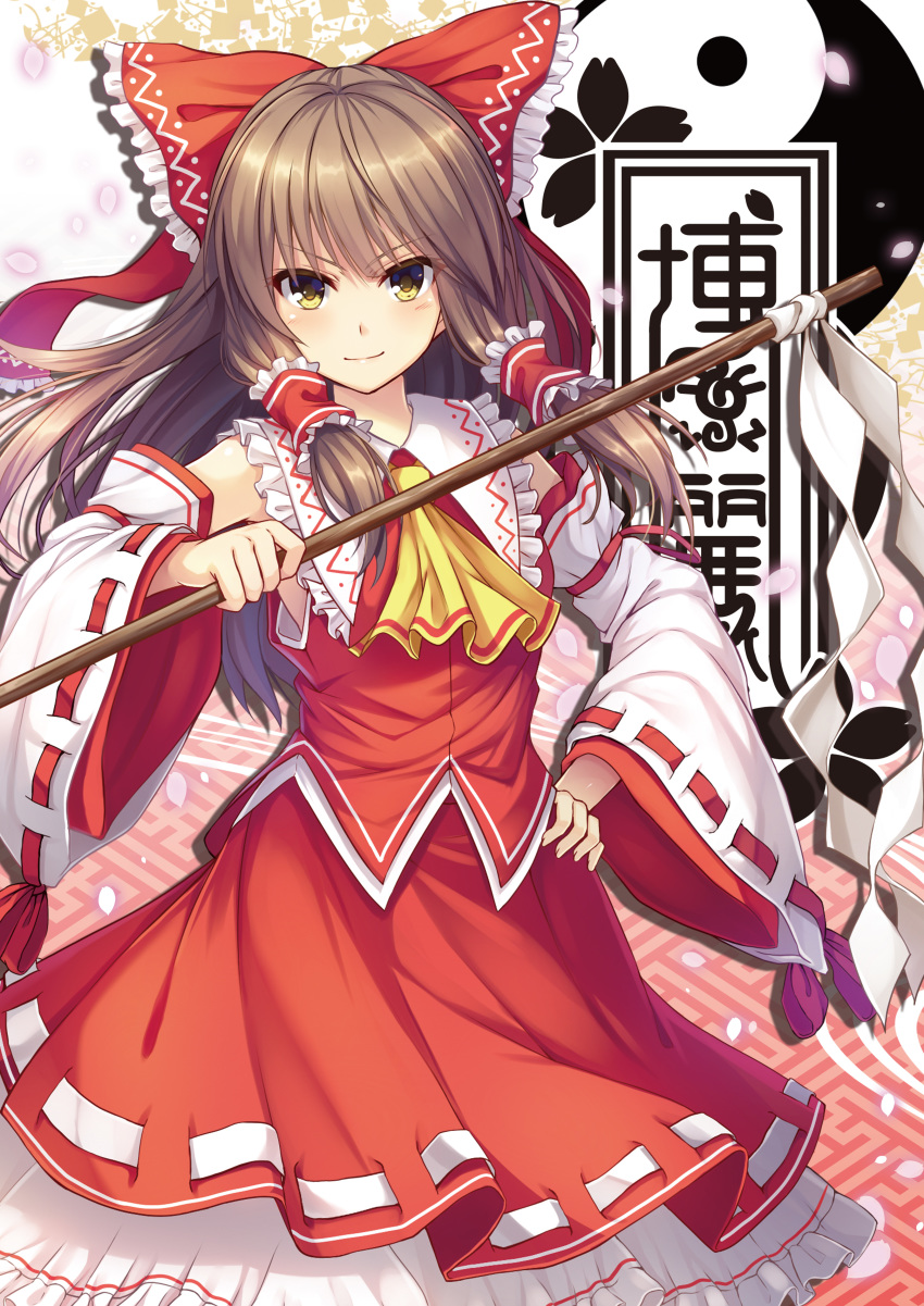 1girl absurdres ascot bow brown_hair detached_sleeves floating_hair frilled_hair_tubes hair_bow hair_tubes hakurei_reimu hand_on_hip highres holding layered_skirt long_hair long_sleeves looking_at_viewer medium_skirt noe_noel petals red_bow red_shirt red_skirt ribbon-trimmed_skirt ribbon-trimmed_sleeves ribbon_trim shiny shiny_hair shirt skirt sleeveless sleeveless_shirt smile solo standing touhou v-shaped_eyebrows very_long_hair white_sleeves yellow_eyes yellow_neckwear