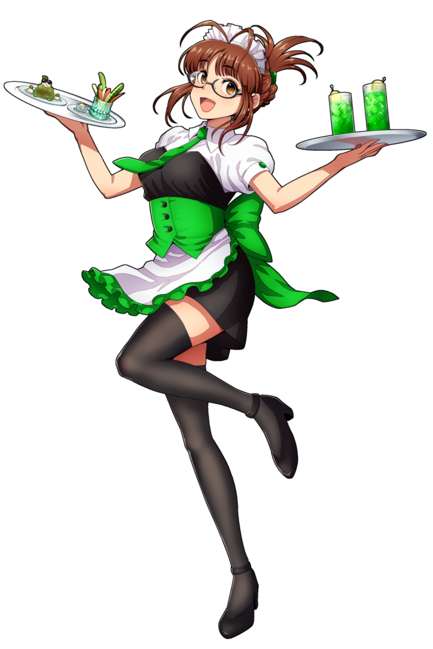 1girl :d akizuki_ritsuko anklet antenna_hair apron back_bow black-framed_eyewear black_footwear black_legwear black_skirt bow brown_eyes brown_hair chiaki_rakutarou corset floating_hair frilled_apron frills full_body glasses green_bow green_neckwear highres holding holding_plate idolmaster idolmaster_(classic) jewelry leg_up maid_headdress miniskirt necktie open_mouth plate semi-rimless_eyewear shirt short_hair short_sleeves sidelocks simple_background skirt smile solo standing standing_on_one_leg thigh_strap thighhighs tied_hair under-rim_eyewear waist_apron waitress white_apron white_background white_shirt zettai_ryouiki