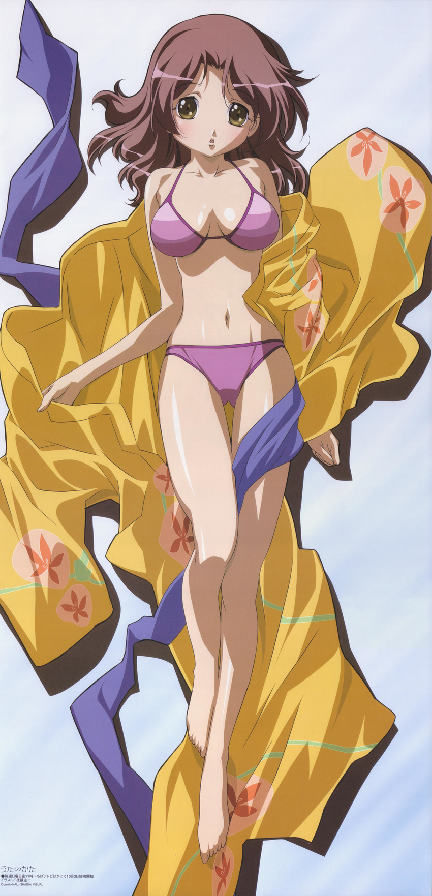 absurdres barefoot bikini feet gotou_keiji highres japanese_clothes kimono legs solo swimsuit takamura_keiko thighs toes utakata yellow_kimono yukata