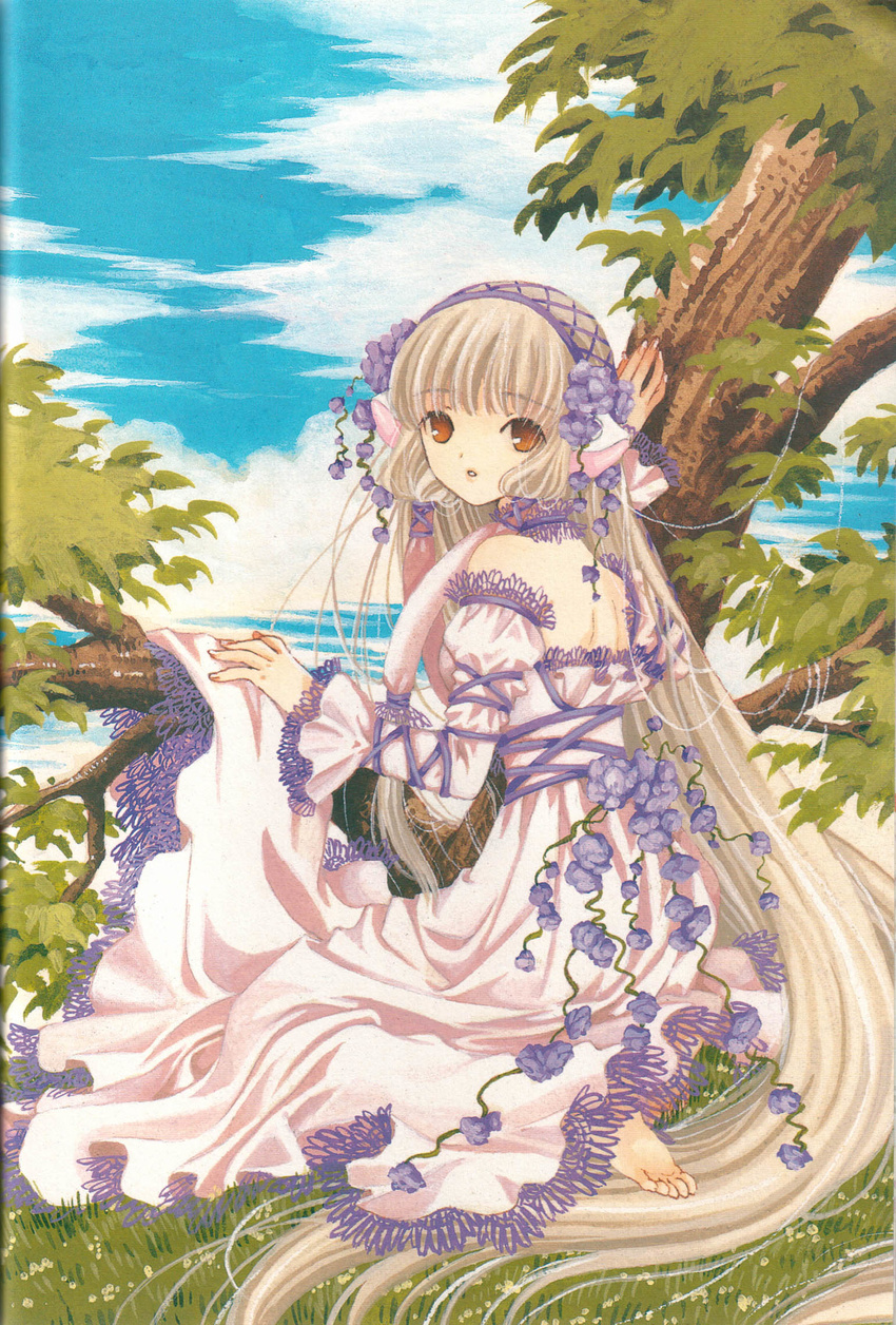 bangs bare_shoulders barefoot blonde_hair brown_eyes chii chobits clamp cloud day dress flower from_side grass hair_flower hair_ornament hair_tubes highres lace lace-trimmed_dress long_dress long_hair long_sleeves looking_at_viewer outdoors parted_lips robot_ears scan scan_artifacts sitting sky solo tree very_long_hair
