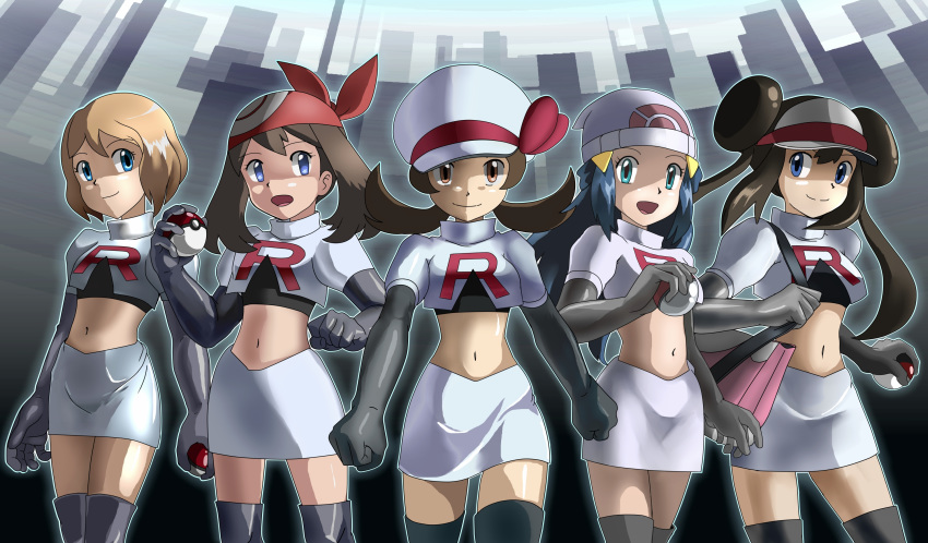 5girls :d bandanna black_footwear black_gloves blue_eyes blue_hair boots brown_hair cowboy_shot creatures_(company) crop_top double_bun elbow_gloves game_freak gloves hair_ornament haruka_(pokemon) hat highres hikari_(pokemon) holding holding_poke_ball kotone_(pokemon) long_hair looking_at_viewer mei_(pokemon) midriff miniskirt multiple_girls navel nintendo open_mouth pencil_skirt poke_ball poke_ball_print pokemon pokemon_(anime) pokemon_(game) pokemon_bw2 pokemon_dppt pokemon_hgss pokemon_rse pokemon_xy_(anime) print_bandana serena_(pokemon) shiijisu shiny shiny_hair shiny_skin short_hair skirt smile solo standing stomach team_rocket_uniform thigh_boots thighhighs twintails visor_cap white_hat white_skirt zettai_ryouiki