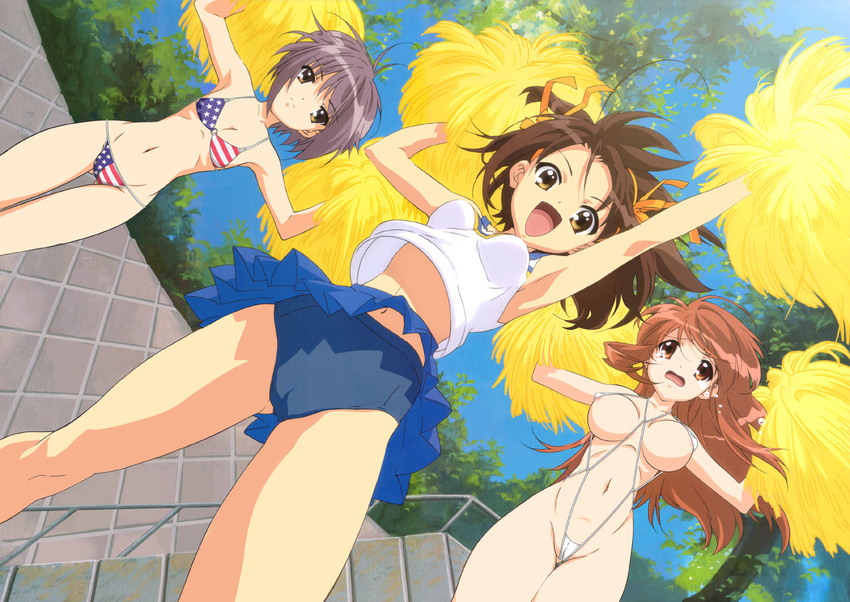 american_flag_bikini aratani_tomoe asahina_mikuru bikini brown_hair cheerleader flag_print highres multiple_girls nagato_yuki pom_poms short_hair slingshot_swimsuit suzumiya_haruhi suzumiya_haruhi_no_yuuutsu swimsuit third-party_edit wallpaper