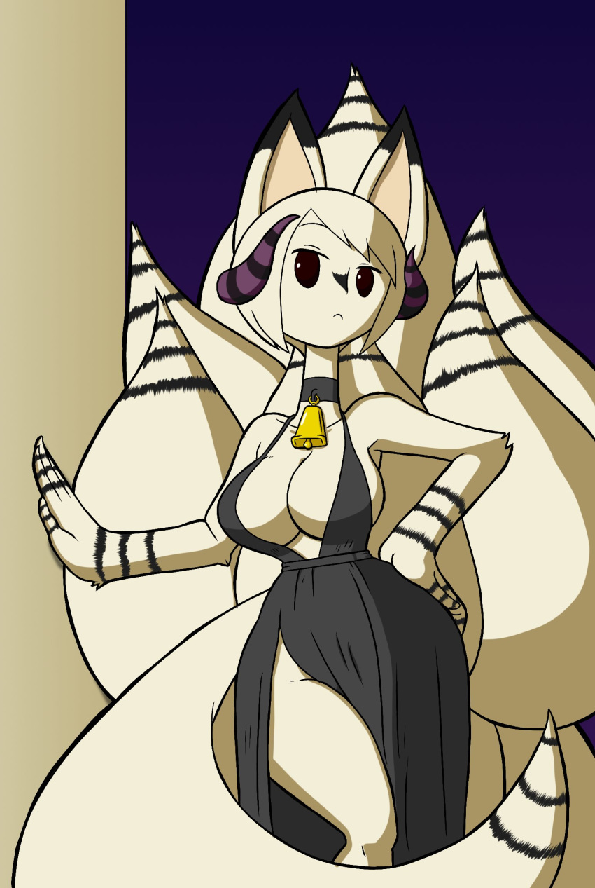 2018 anthro big_breasts breasts canid canine clothed clothing cowbell digital_media_(artwork) dress female fox fur hair hi_res horn invalid_tag kayoh long_ears long_neck looking_at_viewer mammal multi_tail pandemonium_wizard_village simple_background solo tansau thick_thighs