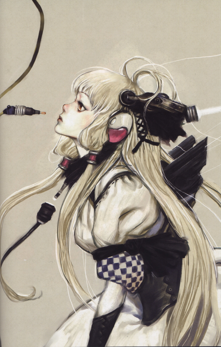 absurdres blonde_hair cable checkered chii chobits closed_mouth expressionless from_side hair_tubes highres long_hair machine profile robot_ears scan sepia simple_background solo terada_katsuya