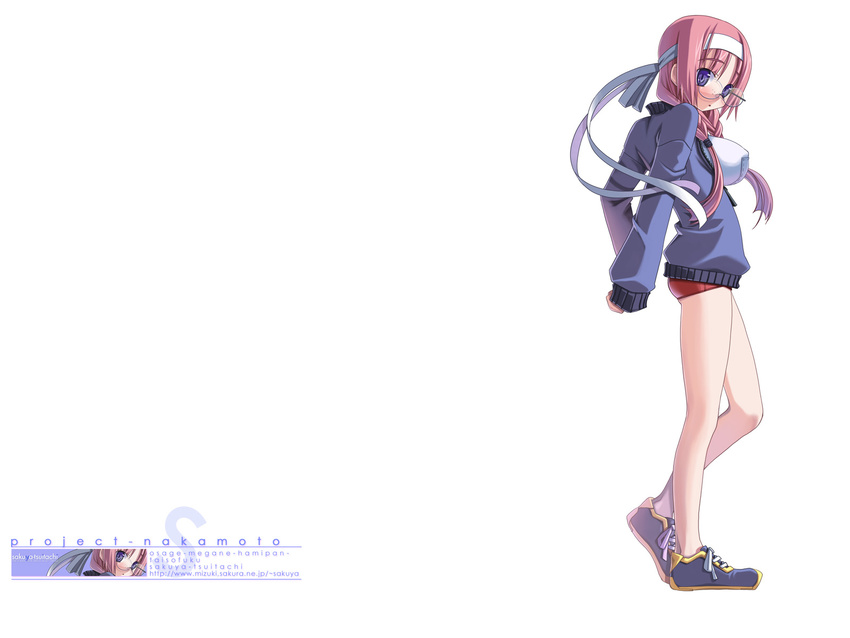 :o artist_name blush braid breasts buruma eyebrows_visible_through_hair freckles full_body glasses gym_uniform hair_over_shoulder headband heel_raised highres jacket large_breasts long_hair long_sleeves no_socks original pink_hair rimless_eyewear round_eyewear sakuya_tsuitachi shoes sneakers solo standing twin_braids wallpaper watermark web_address