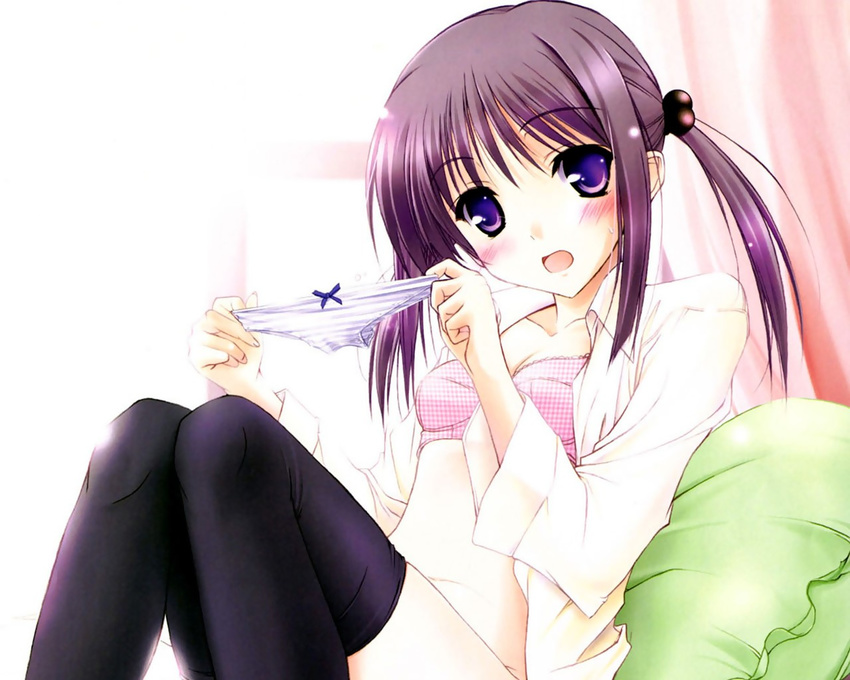 black_legwear blue_panties bow bow_panties bra brown_hair copyright_request holding holding_panties komori_kei lace lace-trimmed_bra lingerie long_hair long_sleeves open_clothes open_shirt panties panty_pull pink_bra plaid plaid_bra purple_eyes shirt sitting solo striped striped_panties thighhighs twintails underwear