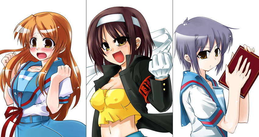:d :o armband asahina_mikuru bangs belt black_hair blue_sailor_collar blue_skirt book breasts brown_hair buttons cleavage clenched_hand collarbone column_lineup covered_nipples crop_top embarrassed expressionless eyebrows eyebrows_visible_through_hair fingernails from_side gakuran gloves grey_hair hairband hand_up hands_up high_collar holding holding_book impossible_clothes kita_high_school_uniform long_fingernails long_hair long_sleeves looking_at_viewer looking_back medium_breasts midriff multiple_girls nagato_yuki navel no_bra open_clothes open_mouth ouendan parted_bangs pleated_skirt raised_eyebrows raised_fist ribbon sailor_collar school_uniform serafuku shiny shiny_hair shirt short_hair short_sleeves sidelocks simple_background skirt sleeve_cuffs small_breasts smile surprised_arms suzumiya_haruhi suzumiya_haruhi_no_yuuutsu tank_top taut_clothes tears tougeya_honpo upper_body v-shaped_eyebrows very_long_hair white_background white_shirt wide-eyed yellow_eyes yellow_shirt