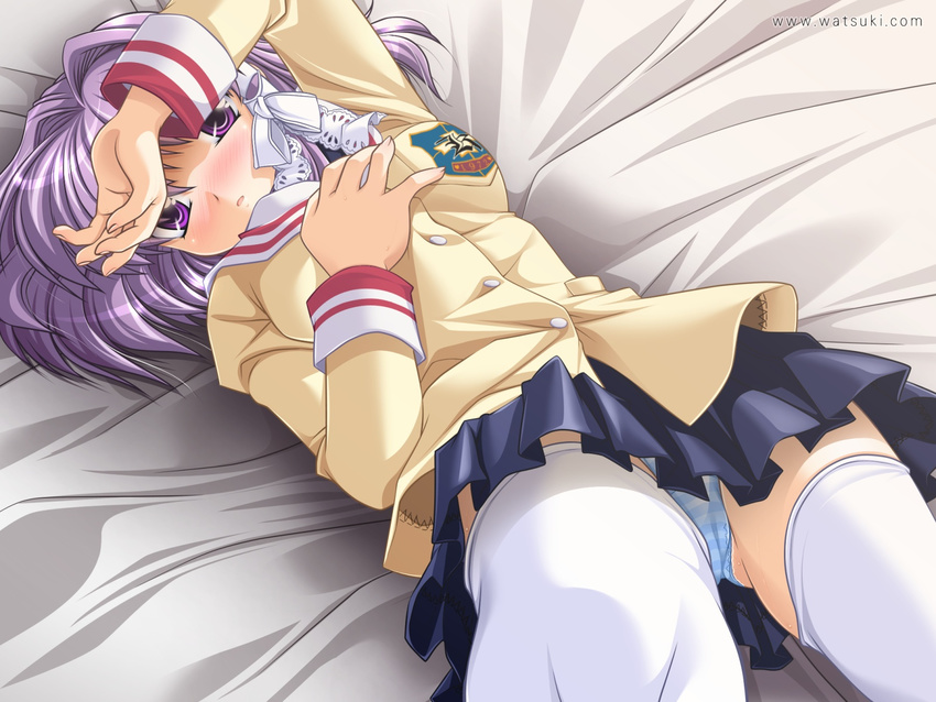 bed blouse blue_panties blush clannad fujibayashi_kyou hair_ribbon highres hikarizaka_private_high_school_uniform long_sleeves lying miniskirt on_back panties pantyshot pantyshot_(lying) pleated_skirt purple_eyes purple_hair ribbon school_uniform skirt solo striped striped_panties thighhighs tress_ribbon underwear upskirt watsuki_ayamo white_legwear