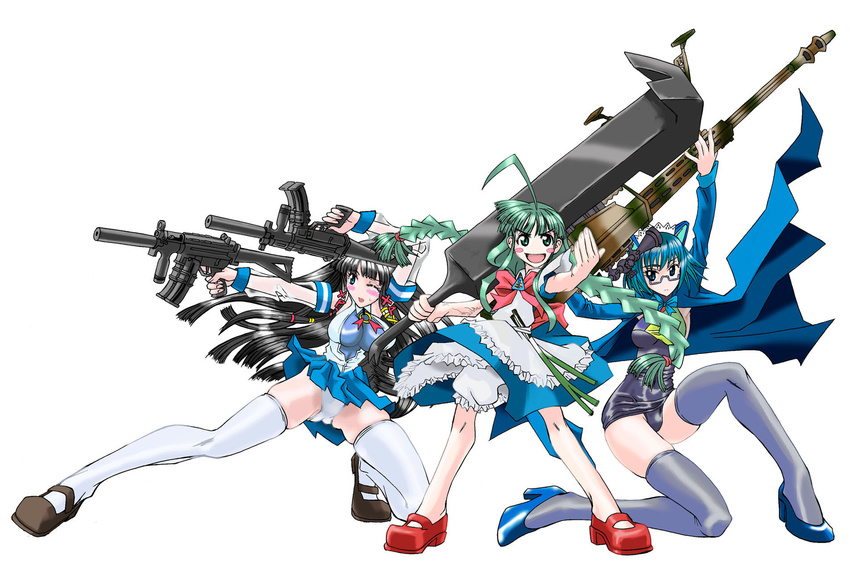 3girls ahoge apron bangs black_hair bloomers blue_dress blue_eyes blue_skirt blunt_bangs blush blush_stickers braid breasts brown_footwear crowbar detached_sleeves dress dual_wielding extended_magazine folding_stock frilled_apron frills futaba_channel glasses green_eyes green_hair gun h&amp;k_mp5 h&amp;k_mp5k heckler_&amp;_koch highres holding huge_ahoge huge_weapon ironsights jungle_style large_breasts long_hair mary_janes me-tan multiple_girls non-web_source one_eye_closed one_knee open_mouth os-tan panties pleated_skirt red_footwear see-through shoes simple_background skindentation skirt sleeveless spring_onion submachine_gun suppressor thighhighs trigger_discipline twin_braids underwear vertical_foregrip very_long_hair weapon white_apron white_background white_bloomers white_legwear white_panties xp-tan