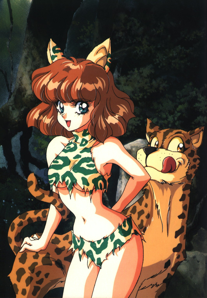 :d :q amazon animal_ears animal_print bikini blue_eyes blush breasts brown_hair cat_ears copyright_request highres leopard leopard_print medium_breasts mon_mon nature navel oldschool open_mouth outdoors scan short_hair smile solo sports_bikini standing swimsuit tongue tongue_out torn_clothes tree turtleneck underboob wide_hips