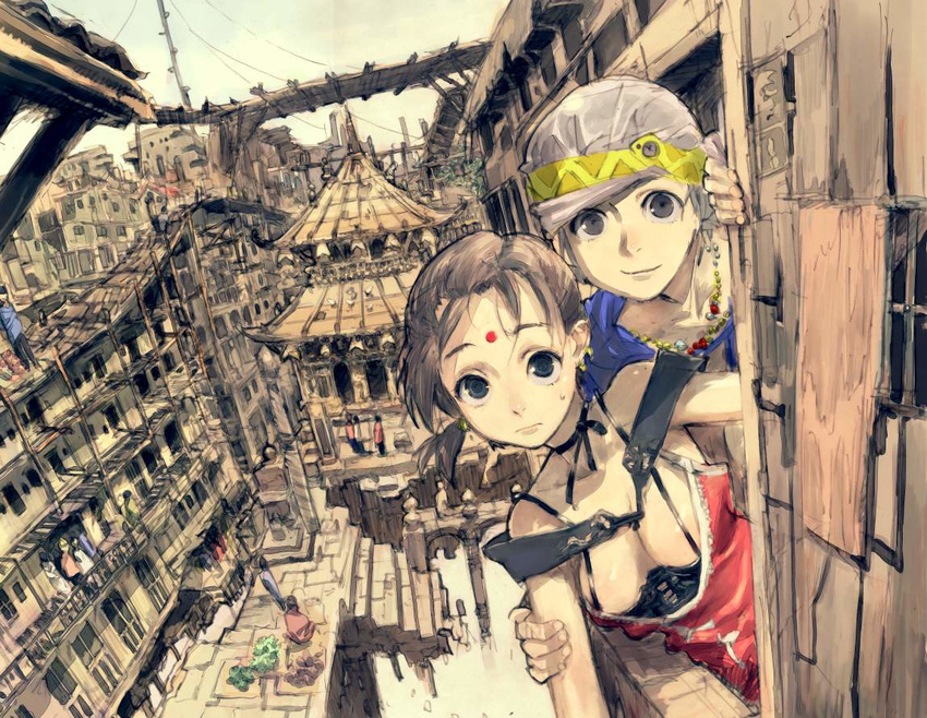 blue_eyes breasts brown_hair city cityscape copyright_request fantasy headband medium_breasts multiple_girls road scenery stairs street summer toi8