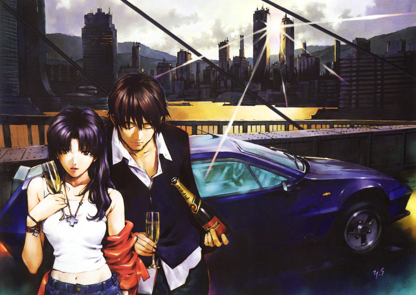 1girl absurdres alcohol car champagne drink ground_vehicle highres kaji_ryouji katsuragi_misato left-hand_drive motor_vehicle neon_genesis_evangelion purple_hair renault_alpine_a310 sadamoto_yoshiyuki tank_top