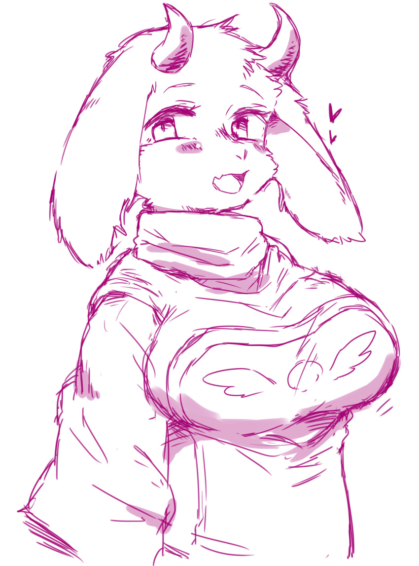 1girl absurdres animal_ears blush breasts chizi female furry goat_ears happy heart highres horns large_breasts long_sleeves looking_at_viewer monochrome no_humans open_mouth simple_background sketch smile solo toriel undertale upper_body white_background