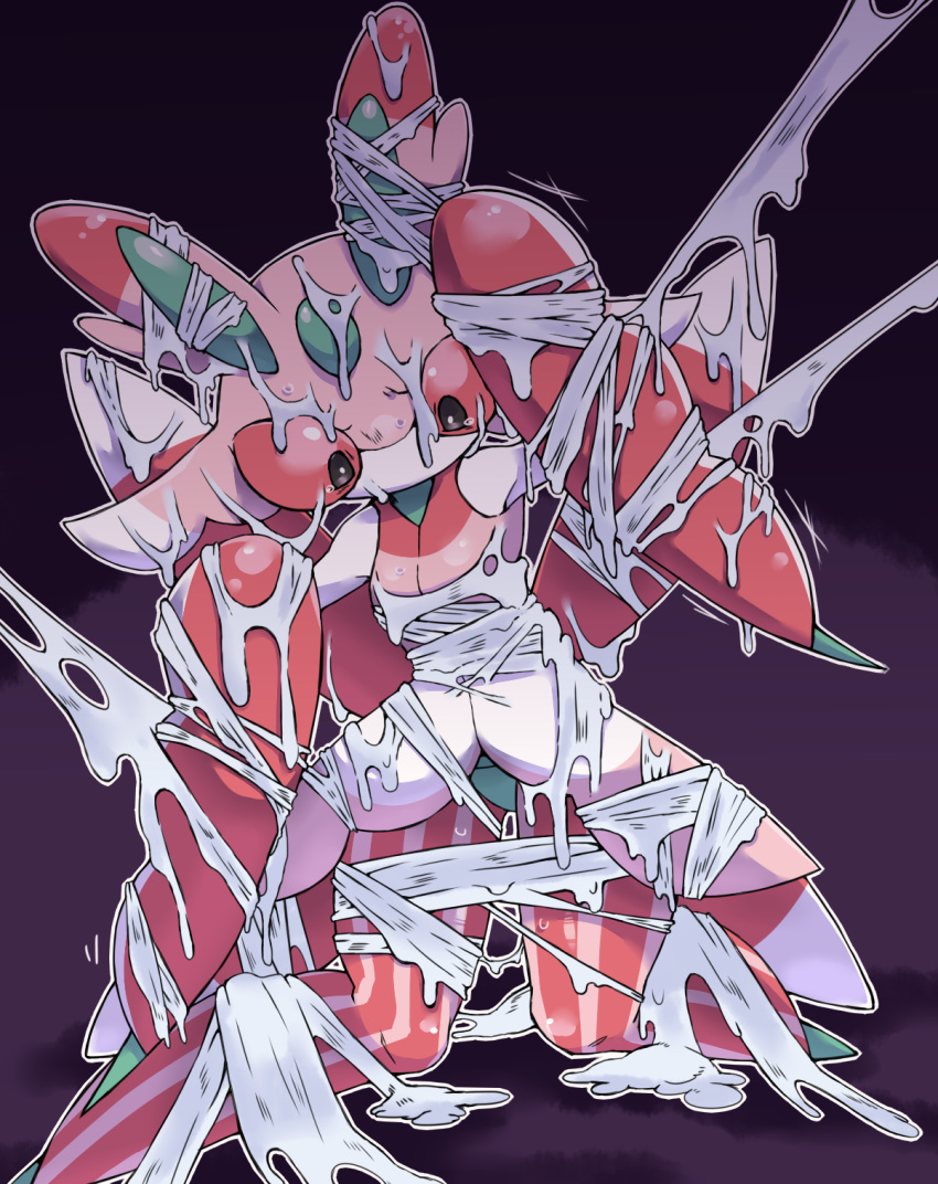 1girl antennae arm_up black_eyes bound chizi creatures_(company) female full_body furry game_freak gen_7_pokemon hand_up highres kneeling looking_down lurantis nintendo no_humans no_mouth outline pokemon pokemon_(creature) purple_background red_sclera silk simple_background solo spider_web sweat tears tied_up two-tone_background white_outline