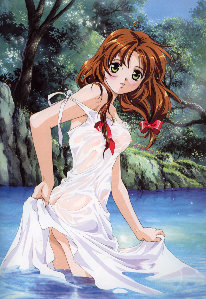 absurdres ass blush breasts covered_nipples day dress forest highres lake large_breasts mew_(words_worth) nature rin-sin scan scan_artifacts see-through solo strap_slip wading water wet white_dress words_worth