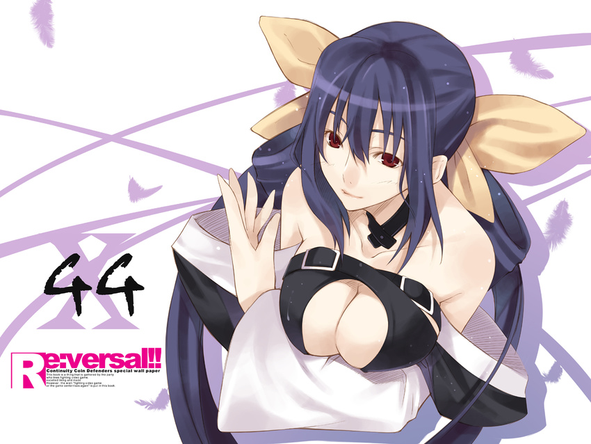 blue_hair breasts choker cleavage cleavage_cutout dizzy feathers guilty_gear hair_ribbon highres large_breasts long_hair re:versal!! ribbon smile solo tachibana_yuu twintails very_long_hair wallpaper