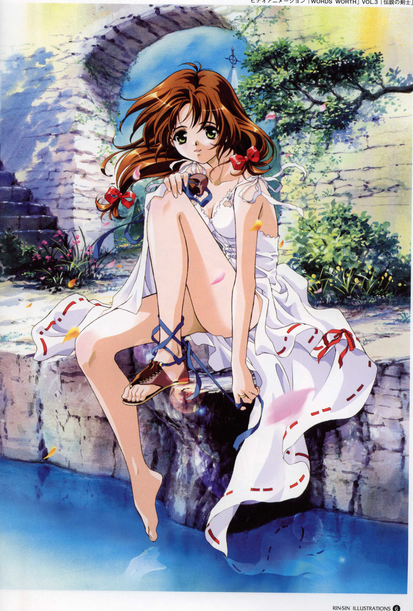absurdres ankle_lace-up artbook bare_legs bare_shoulders barefoot blush breasts brown_hair cleavage cross-laced_footwear dress green_eyes hand_on_own_knee highres leaf leg_up legs light_smile long_hair long_legs looking_at_viewer medium_breasts mew_(words_worth) nature no_panties outdoors rin-sin sandals scan shoes shoes_removed single_shoe sitting solo stairs sundress water wind words_worth