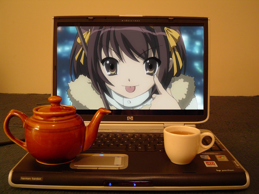 2d_dating :p brown_hair computer hewlett-packard highres laptop lonely photo short_hair suzumiya_haruhi suzumiya_haruhi_no_yuuutsu tea third-party_edit tongue tongue_out