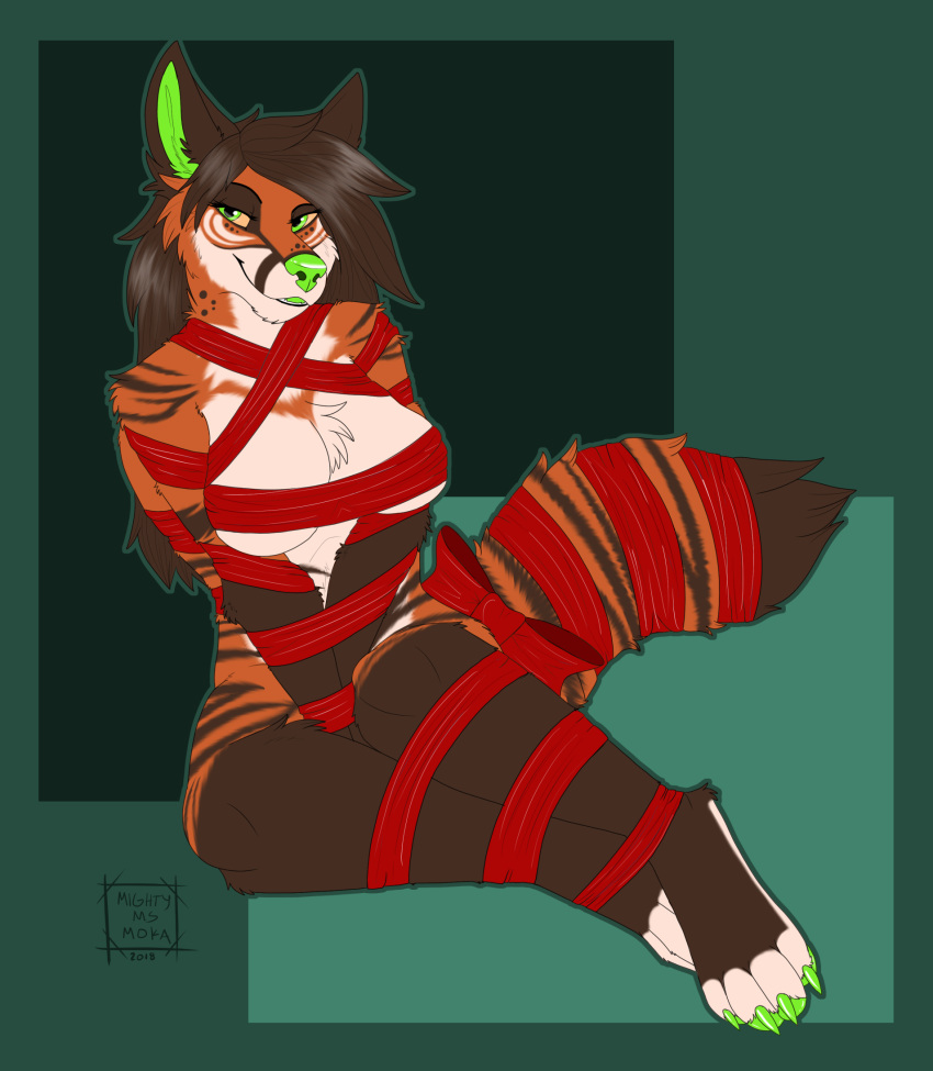 2018 4_toes anthro arms_tied bdsm bondage bound breasts brown_hair canid canine canis claws eyebrows eyelashes female fur gift_wrapped green_claws green_eyes green_nose hair half-closed_eyes karabela legs_tied looking_at_viewer mammal mightymsmoka nude ribbons signature sitting smile solo stripes toe_claws toes wolf