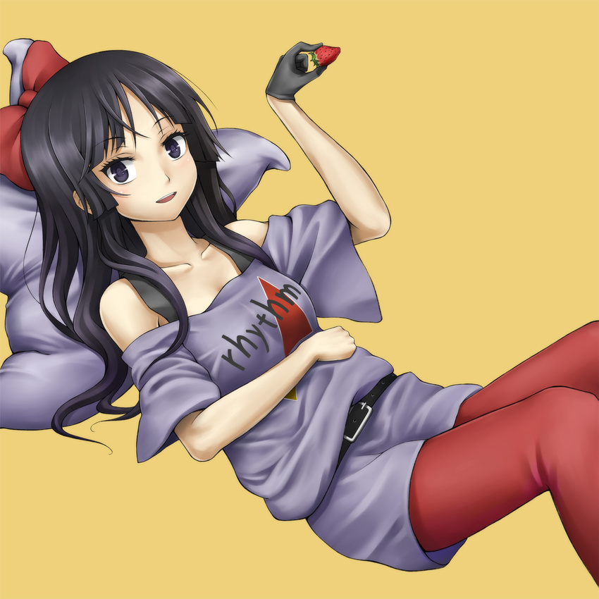 akiyama_mio bad_id bad_pixiv_id bare_shoulders belt black_eyes black_hair bow casual food fruit gloves hair_bow highres k-on! listen!! long_hair lying maazyu pantyhose pillow red_legwear single_glove solo strawberry