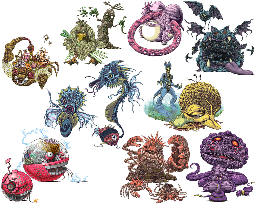 creature ekans electrode farfetch'd gen_1_pokemon gen_2_pokemon golbat golduck horror_(theme) kingdra kingler krabby lickitung magikarp monster no_humans open_mouth paras pixel_art pokemon pokemon_(creature) psyduck seadra sliced spring_onion stitched sudowoodo third-party_edit tongue tusika voltorb zubat