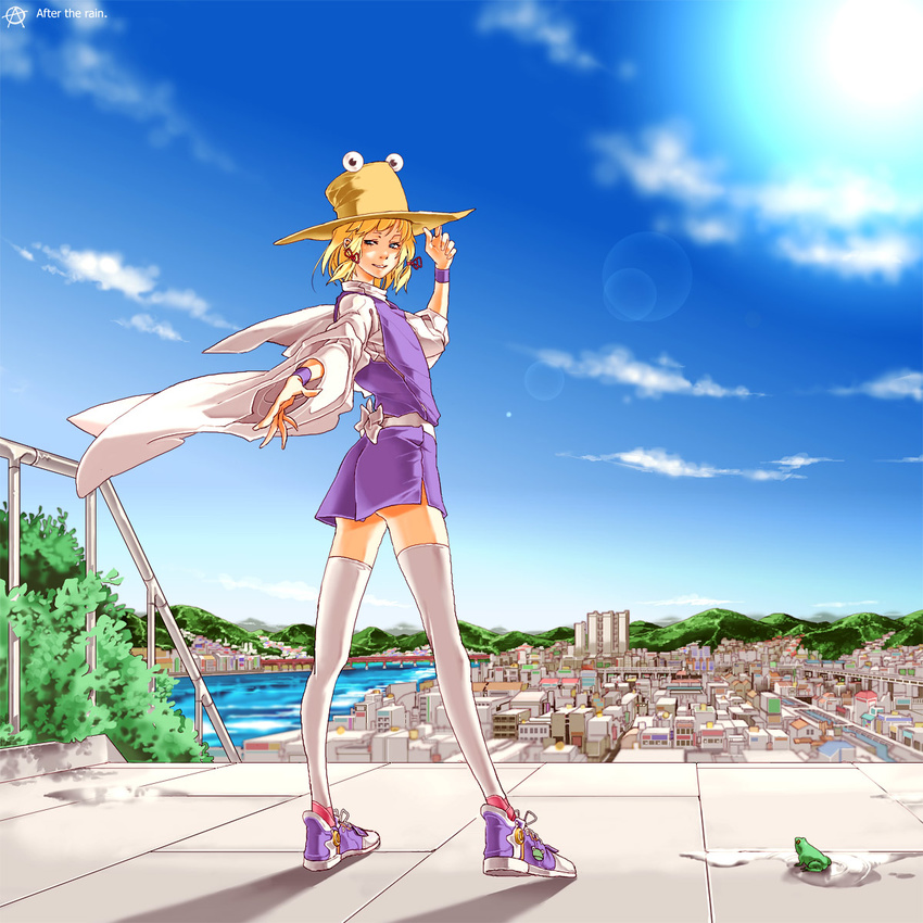 blonde_hair blue_eyes circle_a cityscape cloud contemporary day eyes frog hand_on_headwear hat highres legs lens_flare looking_back moriya_suwako older shoes short_hair sky sneakers solo teenage thighhighs touhou white_legwear wristband