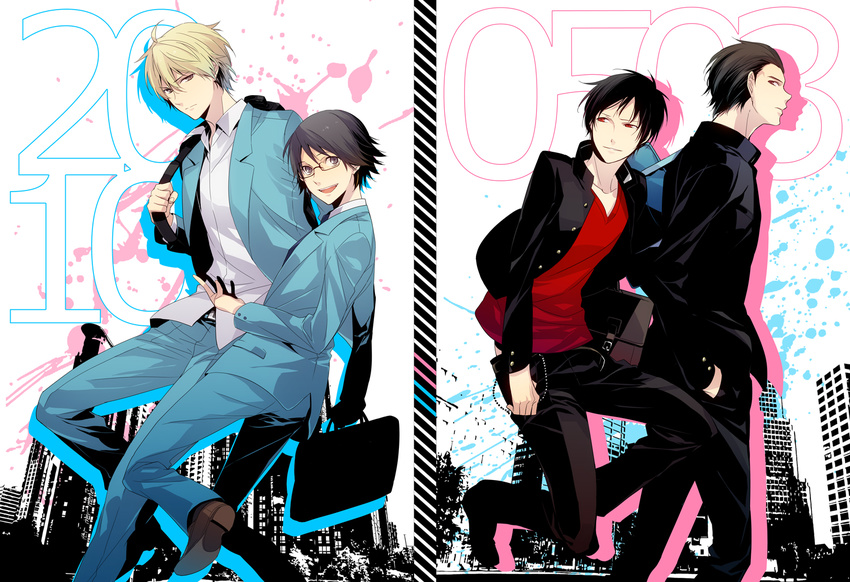 backpack bad_id bad_pixiv_id bag black_hair blonde_hair brown_eyes brown_hair casual durarara!! glasses heiwajima_shizuo kadota_kyouhei kishitani_shinra male_focus multiple_boys orihara_izaya red_eyes school_uniform smile xia_(ryugo)