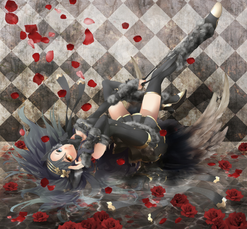 bare_shoulders black_hair black_legwear checkered checkered_background elbow_gloves flower gloves heterochromia highres legs long_hair lying md5_mismatch on_back original petals plastick reflection rose solo thighhighs very_long_hair